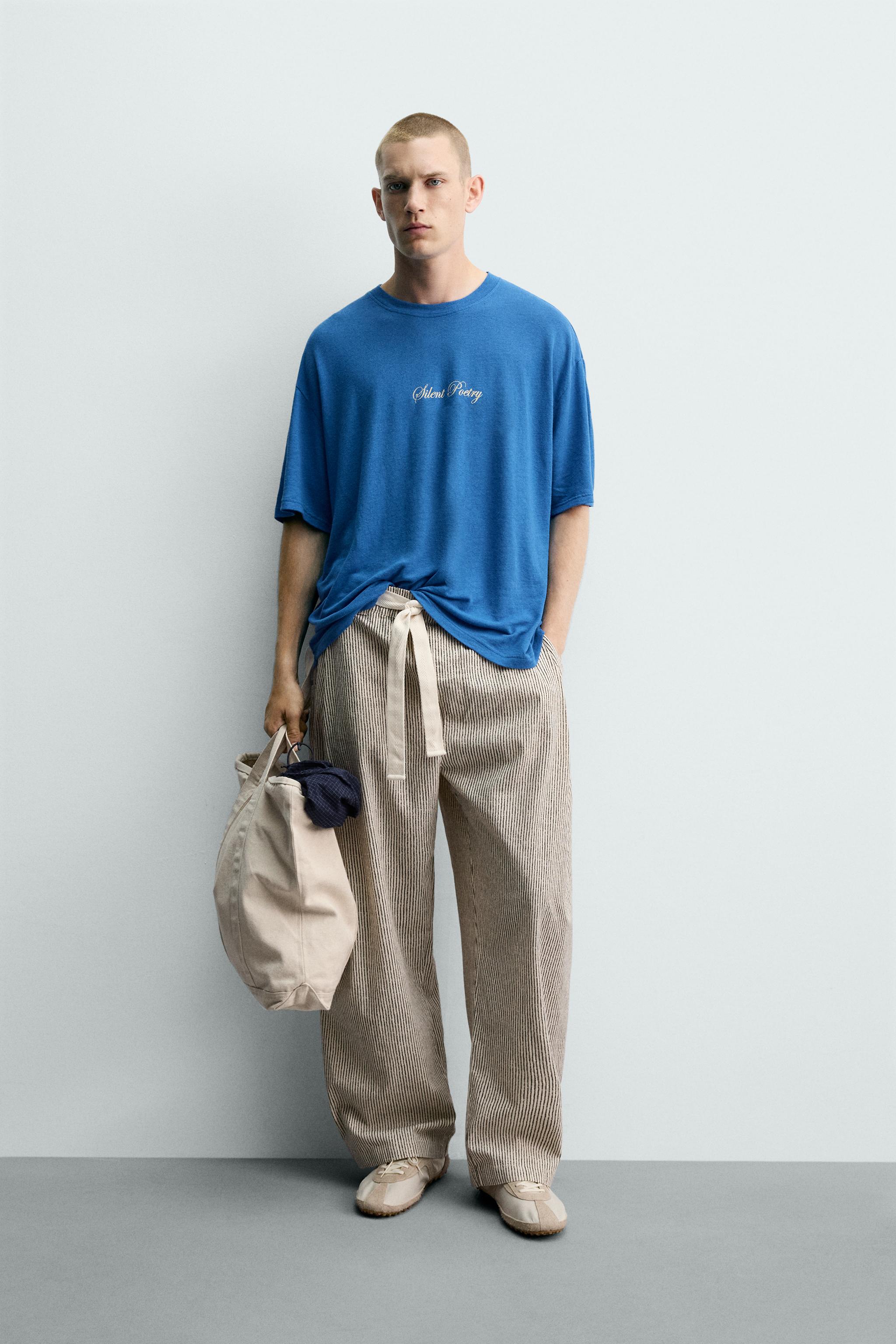 LINEN BLEND PRINTED TEXT T-SHIRT